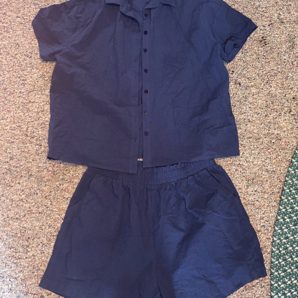 Navy Two-Piece Short Set - Button Front Top & Elastic Waist Shorts